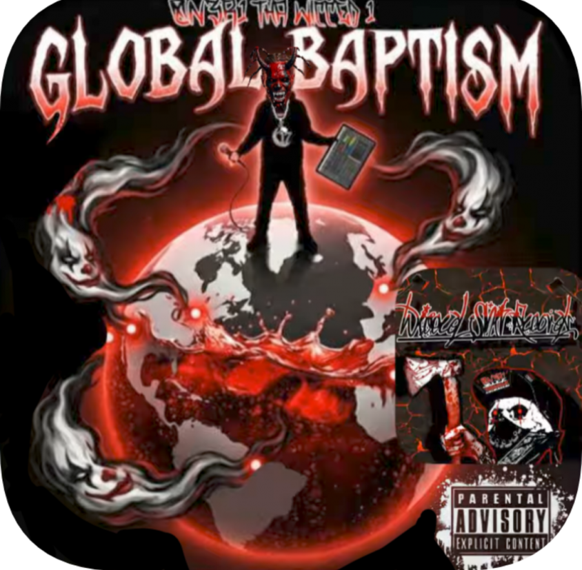 0N3R1 Tha Wicced 1 Standing On Top Of The Earth With His Red & Black Daemonic Juggalo Face Paint On Holding A Microphone & A Midi Keyboard As Wicked Clown Spirits/ Energy Seeps From The Music Being Played/ As Faygo Engulfs The Entire Earth & 